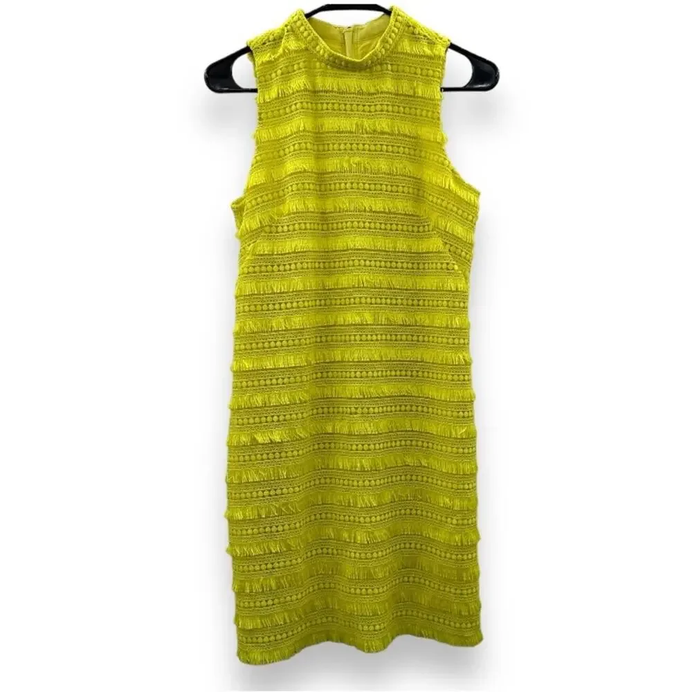 J.Crew Fringe Lace Sheath Dress Size‎ 2 Yellow Citron Sleeveless Cocktail Party